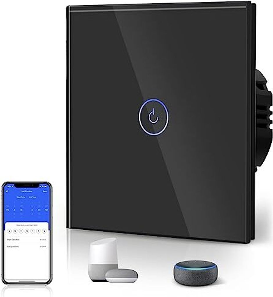 BSEED Smart Wi-Fi-Touchsensor-Lichtschalter, Kristallglasplattenwandschalter, Arbeiten Alexa Google Home über Tuya, Bürodekoration, 1-Gang, 1-Way,