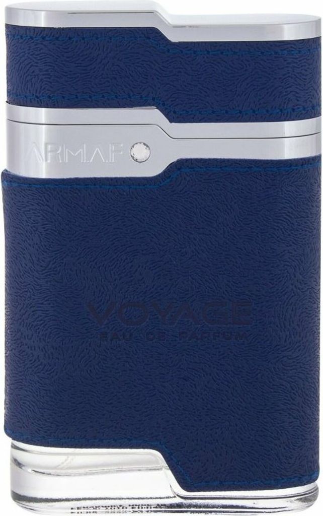 A close-up studio shot of a blue and silver perfume bottle.