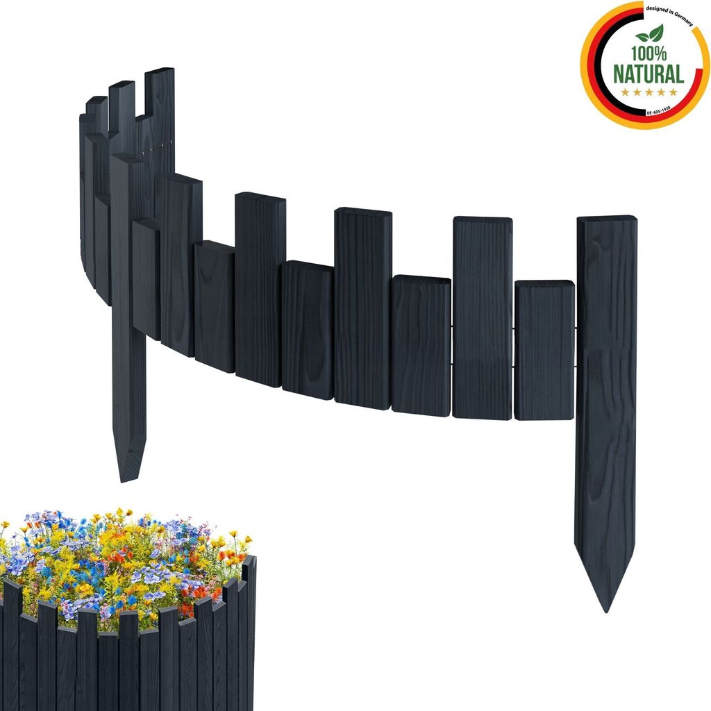 Floranica Beeteinfassung Rasenkante Holz Rollzaun Holzzaun 100 x 15 cm Antrazit imprägniert Flexible Rollborder Palisade Gartenzaun