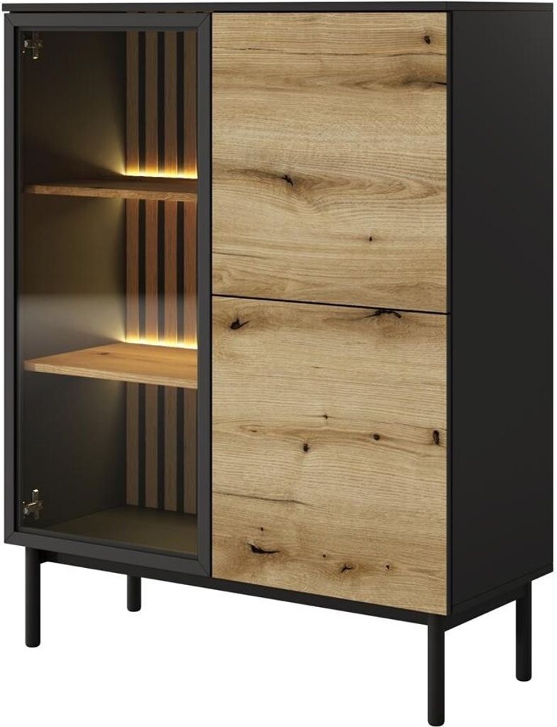 BETTSO Vitrine mit LED Glas Holz Schwarz Eiche Evoke 3-türig 100 cm Wohnzimmer modern Push-to-Open niedriger Schrank LANGO