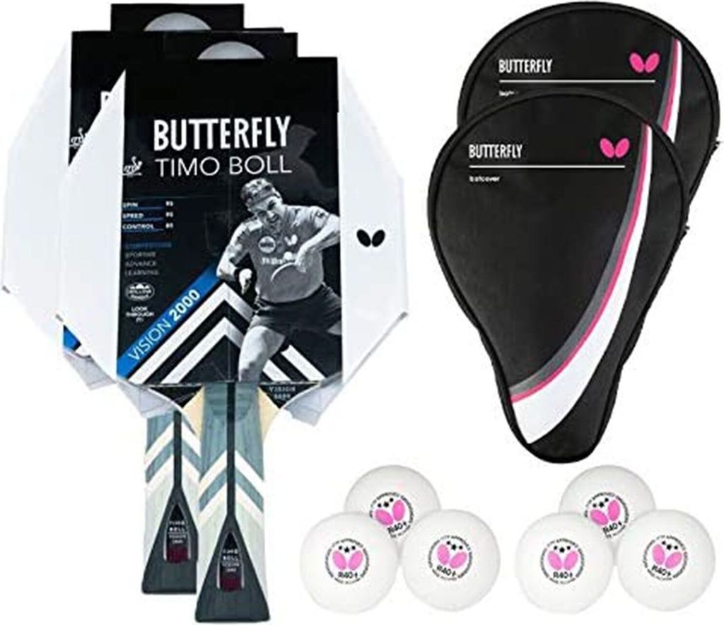 Butterfly 2x Timo Boll Vision 2000 Tischtennisschläger + 2x Tischtennishülle Drive Case + 6x 40+ 3*** Tischtennisbälle