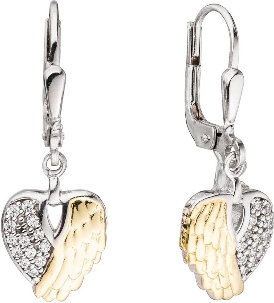 Ohrringe Boutons Ohrhänger Herz Flügel mit Zirkonia 925 Silber bicolor Kinder