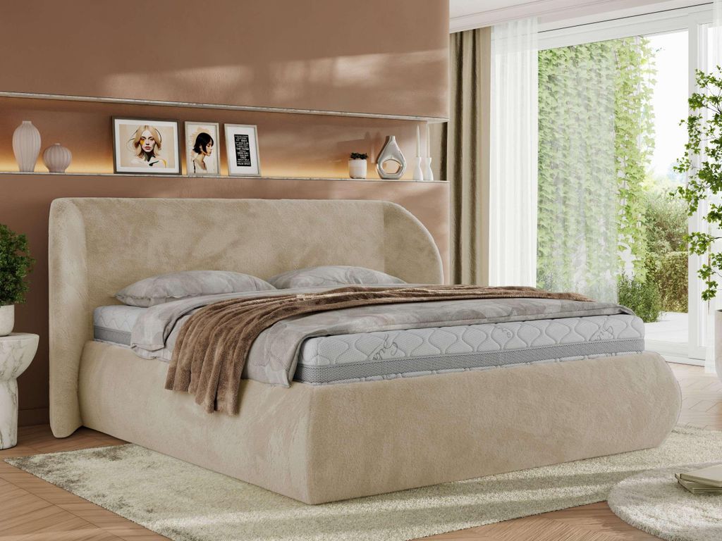 MKS MEBLE Polsterbett mit Bettkasten CAELA CLASSIC Bett mit Stauraum und Gasdruckfeder Doppelbett 140x200 Creme Plüsch