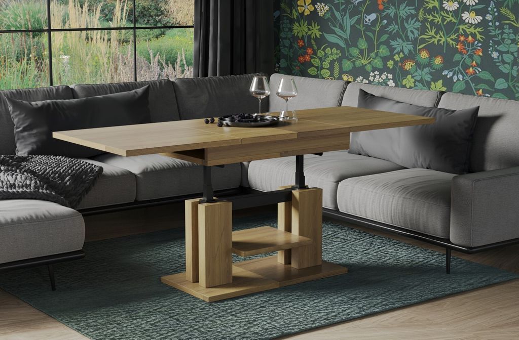 Endo-Möbel Couchtisch Iso 110-170cm Doppellift höhenverstellbar ausziehbar erweiterbar Funktionstisch (Natur Eiche)