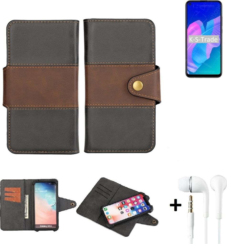 K-S-Trade Handyhülle Schutzhülle Bookstyle Wallet-Case kompatibel mit Huawei Y7p + earphones Bumper rundumschutz schwarz-braun 1x
