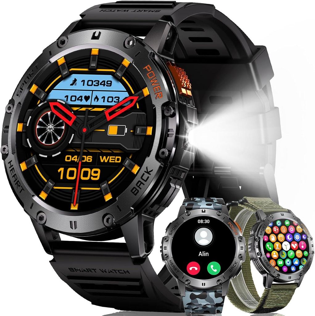MEGALITH Herren Smartwatch mit LED Taschenlampe AMOLED Fitnessuhr mit 110 Sportmodi Schrittzähler Benachrichtigungen & IP68 wasserdicht