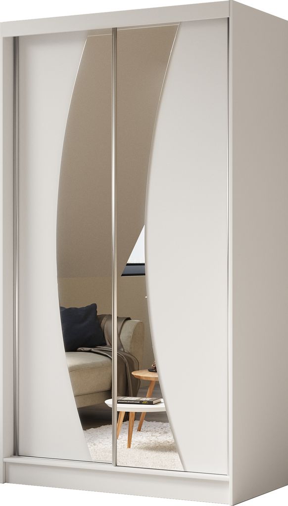 AGMAT Schwebetürenschrank Bergen, Kleiderschrank mit 2 Türen und Spiegel, Moderne Garderobe in Farbe: Weiß / Weiß, Schrank in Größe: 120 x 21...