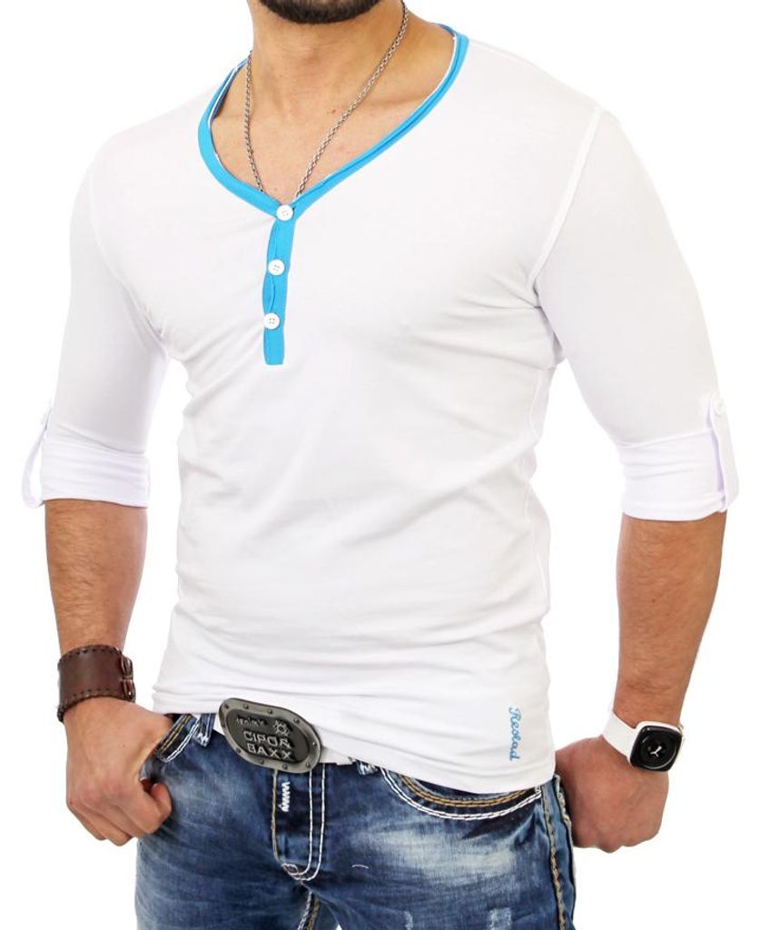 Reslad Herren Langarm Shirt Manhatten RS-5054 Türkis-Weiß 2XL
