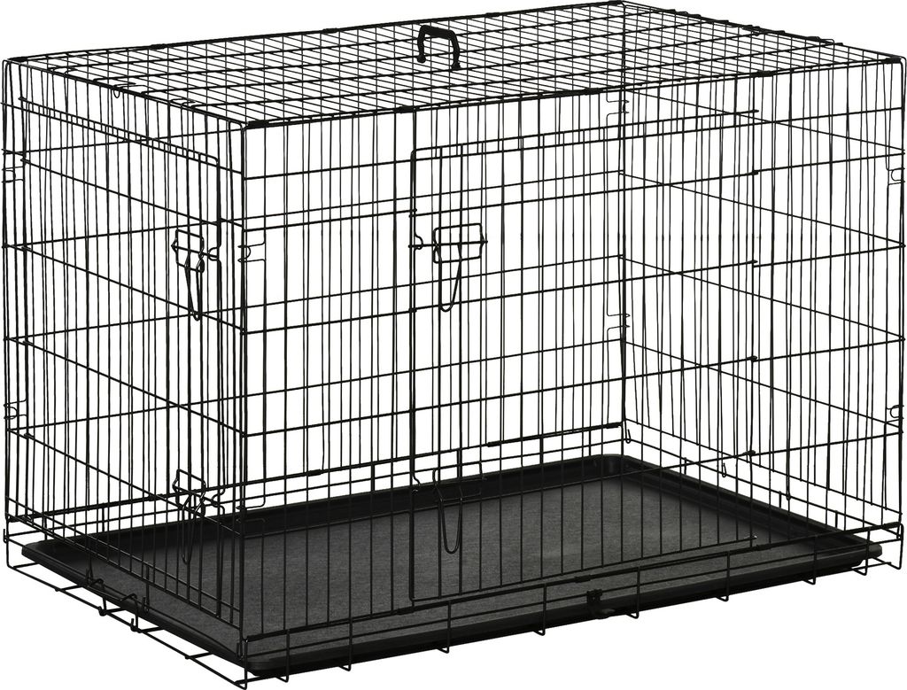 PawHut faltbarer Hundekäfig, Hundetransportbox mit 2 Türen, abnehmbarem Tablett und Tragegriff, 106 x 68 x 76 cm, Schwarz