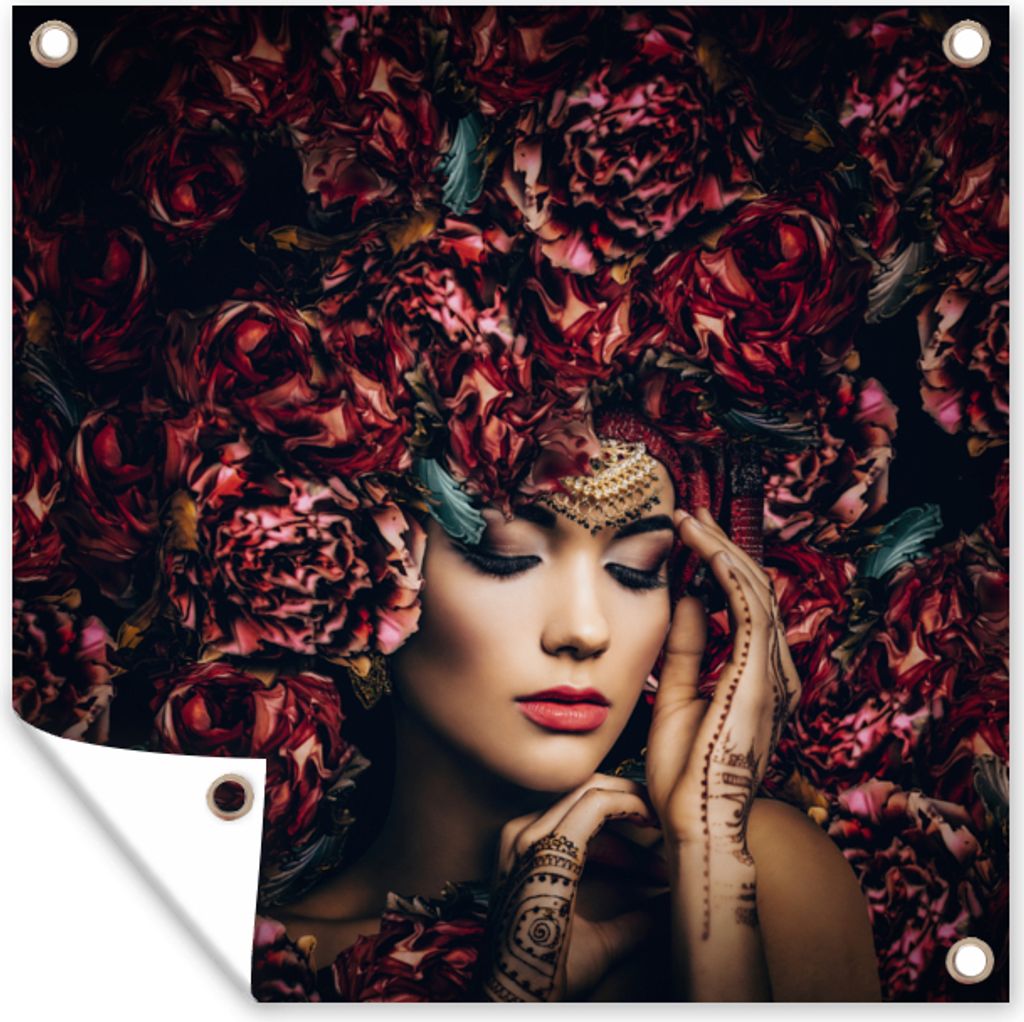 MuchoWow 50x50 cm Outdoor-Poster Gartendeko Sichtschutz Garten Poster für den Garten Frau - Blumen - Henna - Porträt
