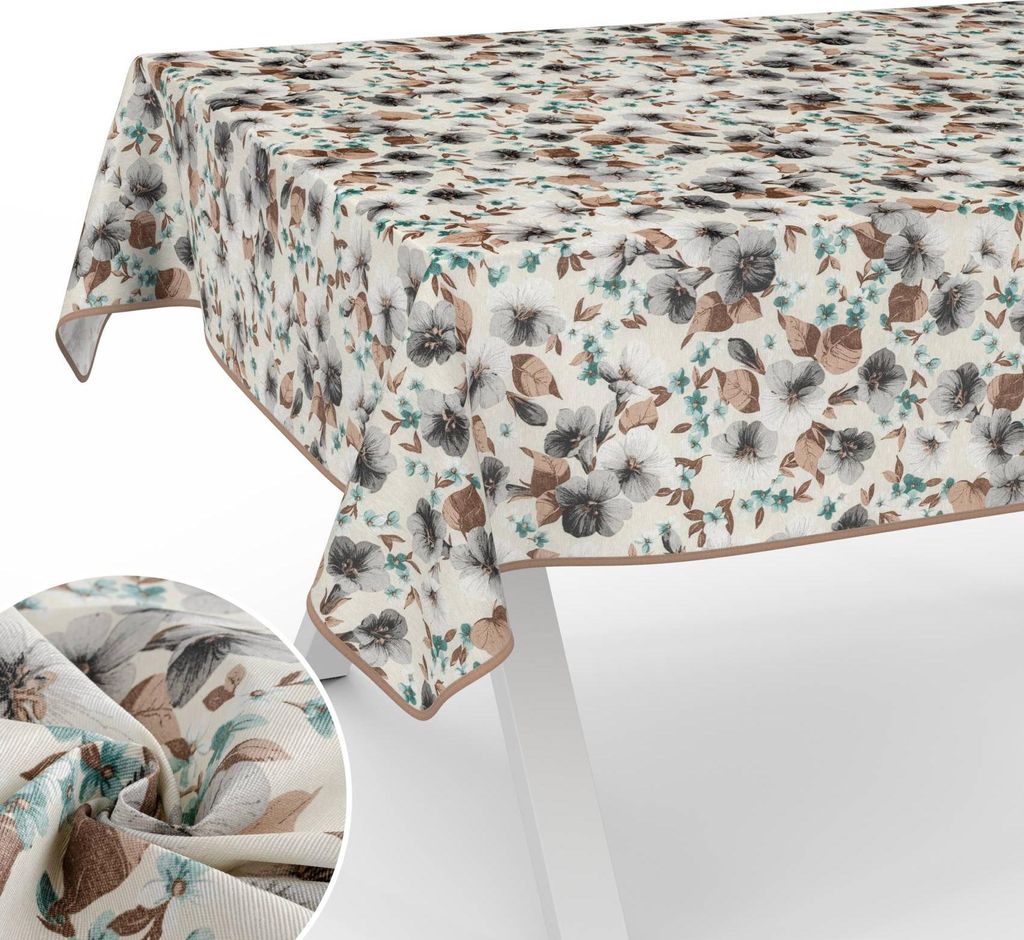 Tischdecke Stiefmütterchen - Viola mit Blumen Botanik aus Stoff Tischwäsche mit Beschichtung Tischtuch Aquarell Beige Breite 120cm Länge 160cm m...