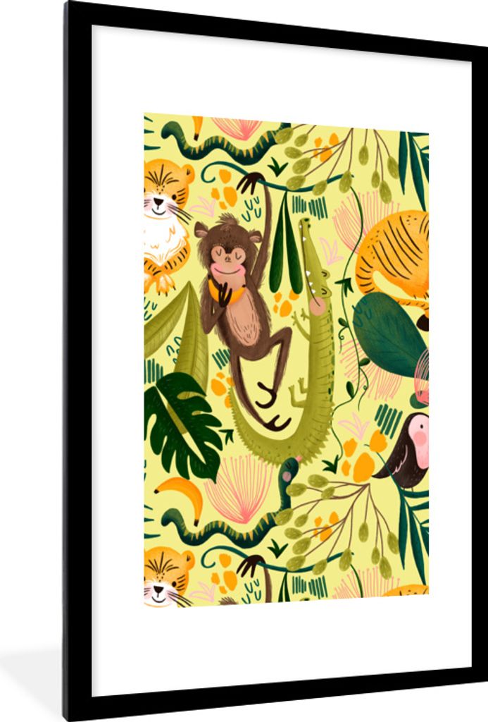 MuchoWow MuchoWow Gerahmtes Poster Dschungel - Pflanzen - Tiere - Gelb 60x90 cm - Poster mit zchwarzem Bilderrahmen - Dekoration - Wandposter W...
