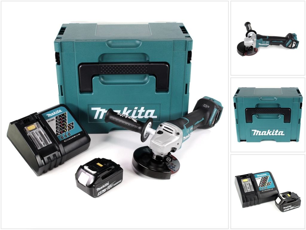 Makita DGA 517 RT1J Akku Winkelschleifer 18 V 125 mm Brushless + 1x Akku 5,0 Ah + Ladegerät + Makpac
