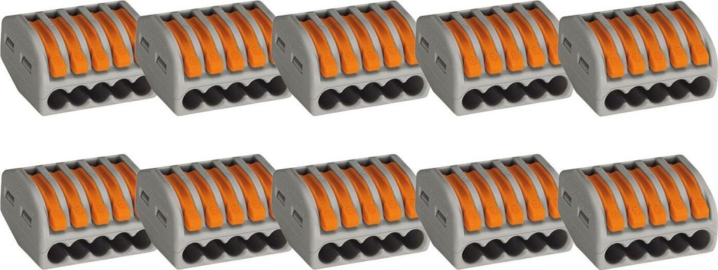 WAGO 222 Klemmen 5 polig, 0,08 bis 4mm² Kabelklemmen mit Hebel, Kunststoff grau-orange, 10-Stück
