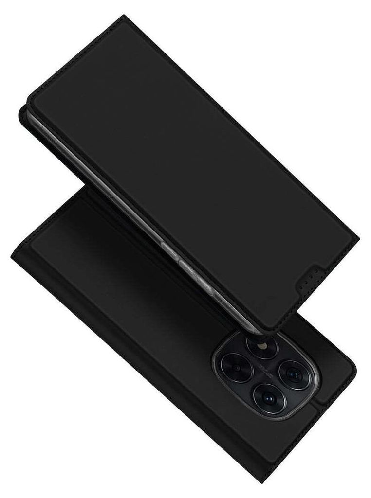 A black flip phone case is shown from a diagonal angle against a white background.