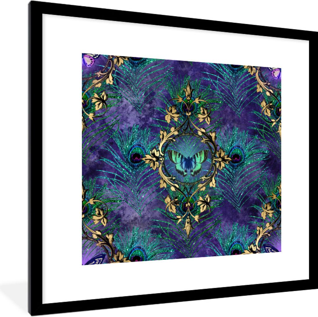 MuchoWow Gerahmtes Poster Muster - Pfauenfedern - Violett 40x40 cm - Poster mit Schwarzem Bilderrahmen Wandposter Rahmen Foto Bilder - Poster - P...