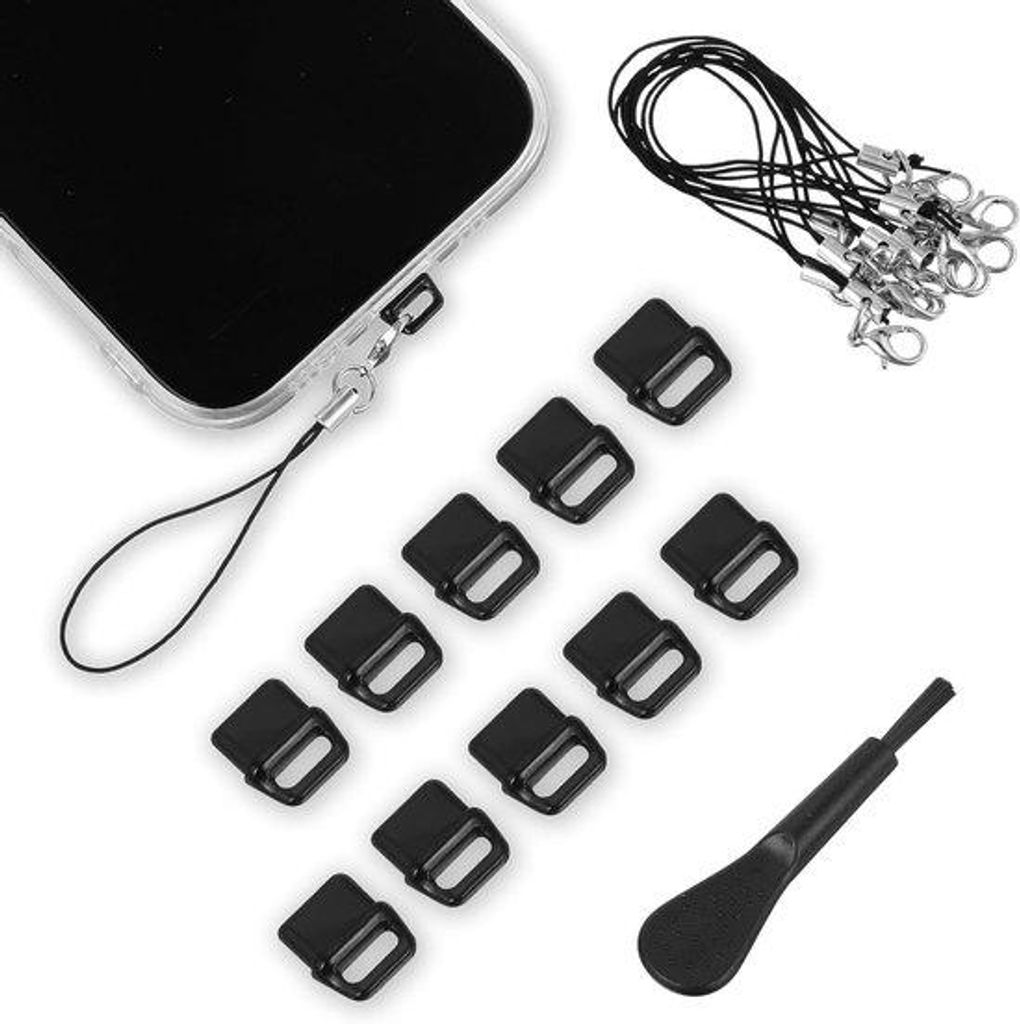 USB-C-Stifthalter für Smartphone mit Lanyard, Reinigungsbürste und Lautsprecherabdeckung für USB-C-Anschlüsse (schwarz)