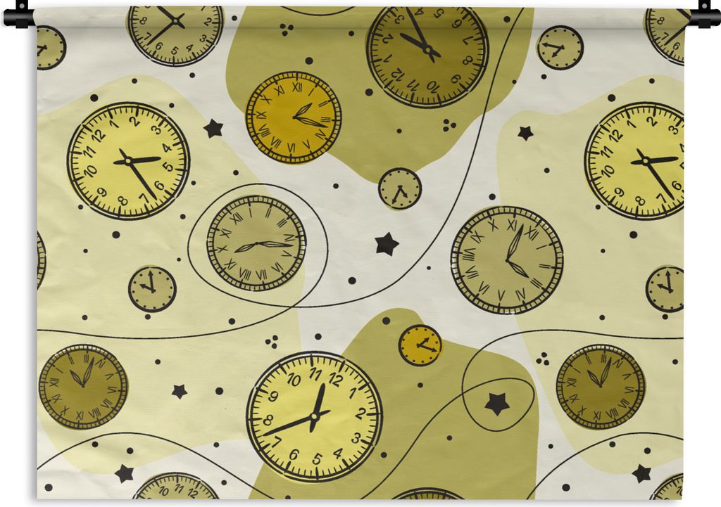 MuchoWow Wandteppich Wandbehang Retro - Uhr - Muster - Polka dots 90x67.5 cm Tapisserie Dekoration Wandtuch - Fototeppich - Wand-Skulpturen