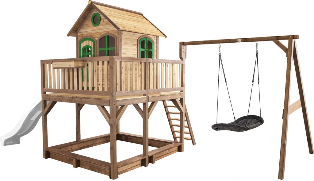 AXI Spielhaus Liam mit Sandkasten, Nestschaukel & weißer Rutsche | Stelzenhaus XXL in Braun & Grün aus Holz für Kinder | Spielturm mit Wellenrut...
