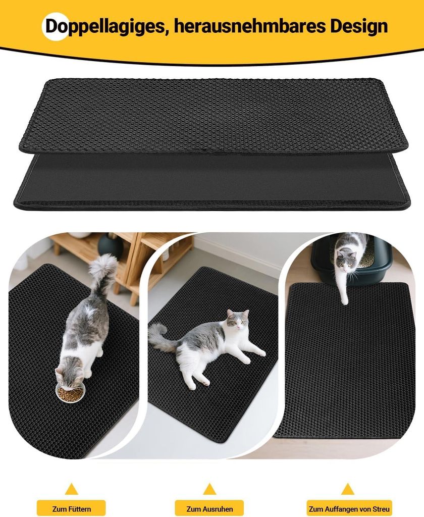 Große Katzenstreumatte 90 x 60 cm für mehrere Katzentoiletten - Honigwaben-Doppelschicht-Design - Wasserdicht