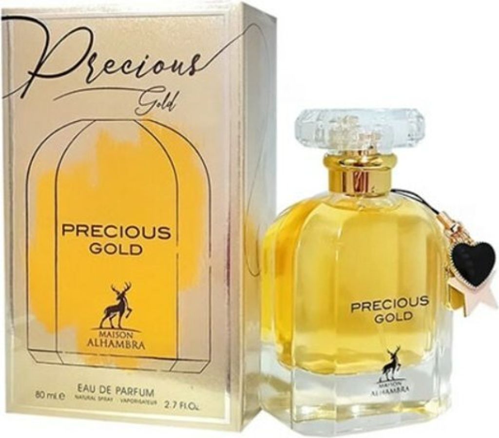 A perfume bottle and its packaging are displayed against a white background.