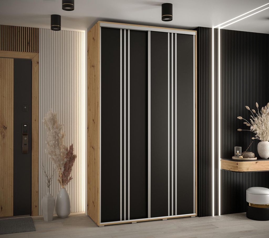 Kleiderschrank YVONA 6 - 130/45 cm, Eiche handwerklich / schwarz / silber