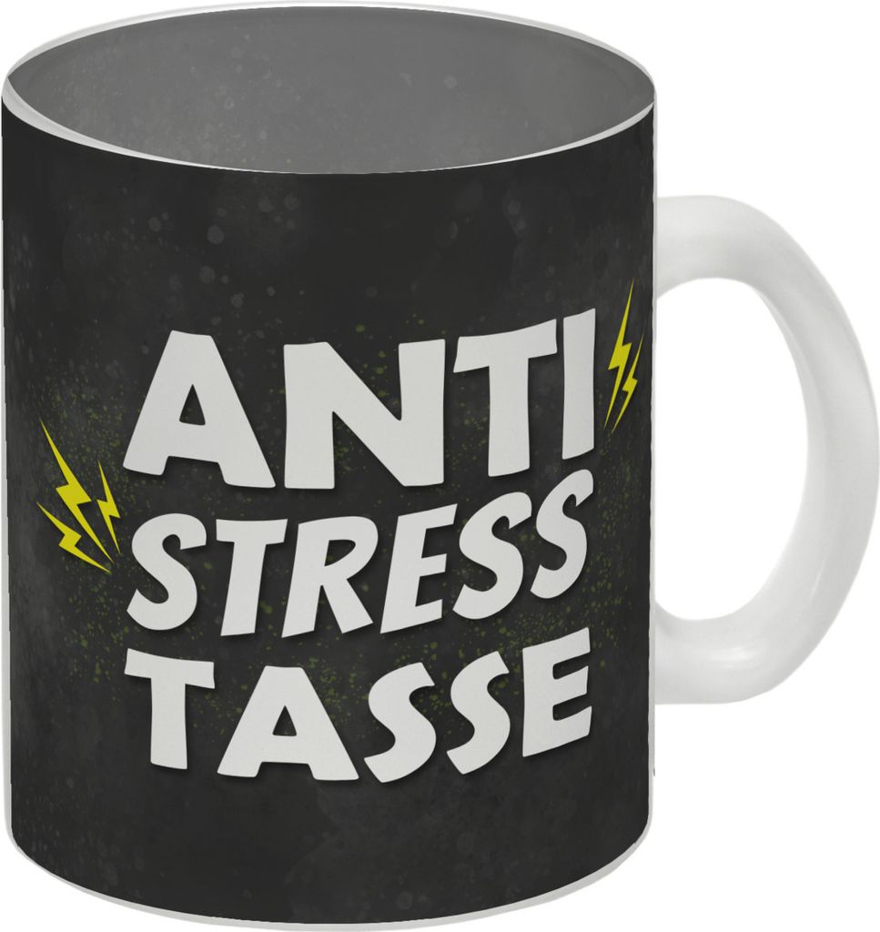 Anti-Stress-Becher Glas Tasse mit angespanntem Motiv