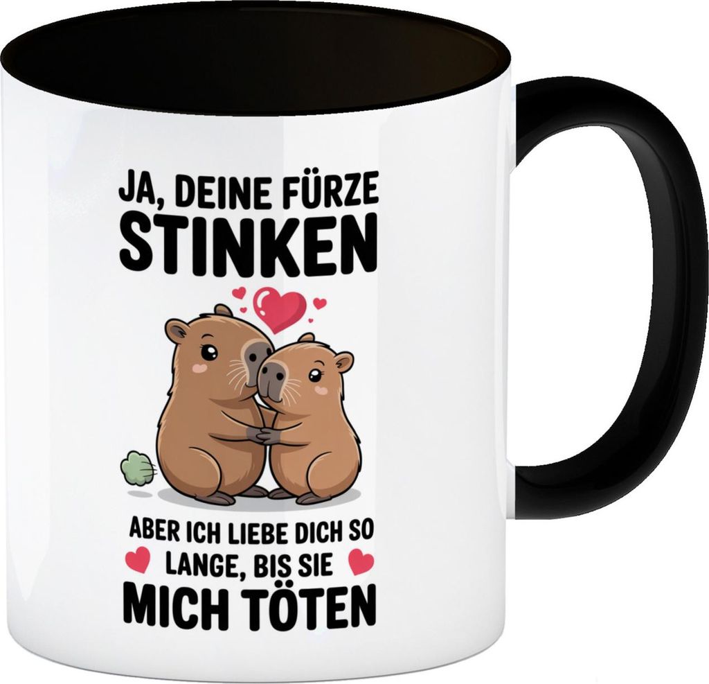 Capybara Pärchen Kaffeebecher in schwarz - Ja, deine Fürze STINKEN