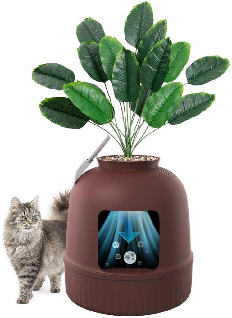 Katzentoilette mit Kunstpflanze und Schaufel, Versteckt, Braun, für große Katzen