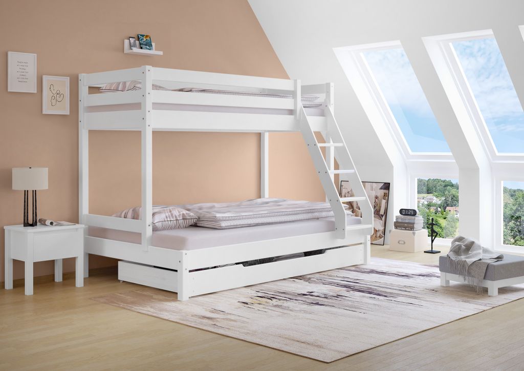 Doppel-Etagenbett 120x200 und 80x200 Erwachsenen-Stockbett Kiefer Massivholz weiß V-60.18W-08-12Rollrost und Bettkasten inkl.
