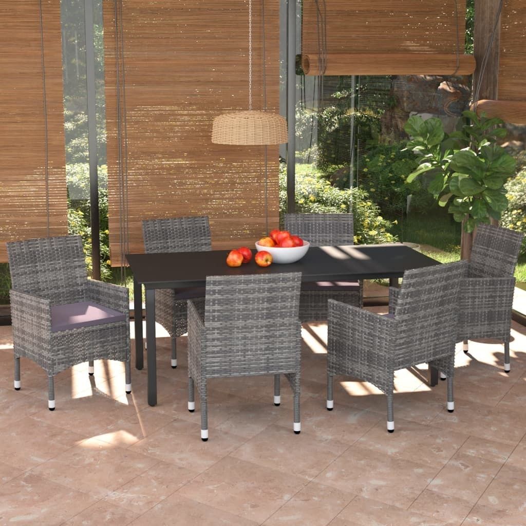 "Rabatt" 7-tlg. Garten-Essgruppe - mit tishe & Stuhl - mit Kissen Poly Rattan Grau - Lounge-Dining set CC3376