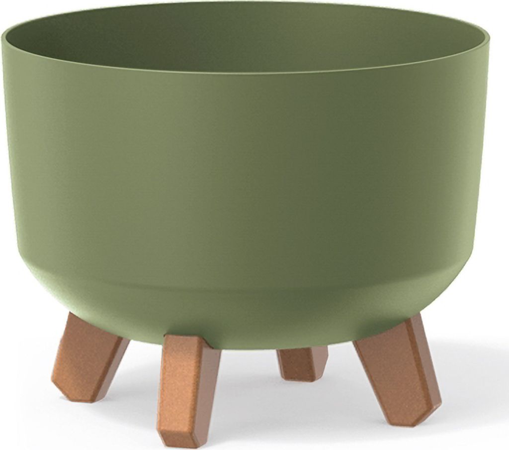 A green planter with brown legs on a white background.
