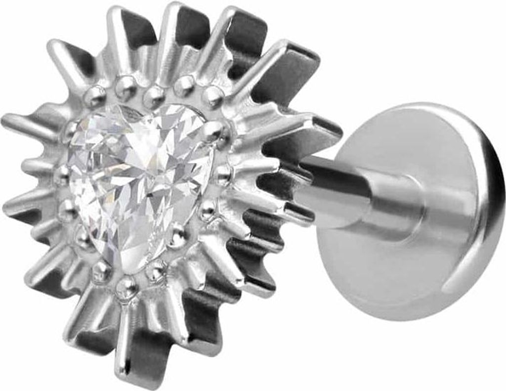 Ohrpiercing, Nasenpiercing Titan Labret mit Innengewinde KRISTALLHERZ + SONNENSTRAHLEN Silber Stablänge: 6mm | Stabstärke: 1,6mm