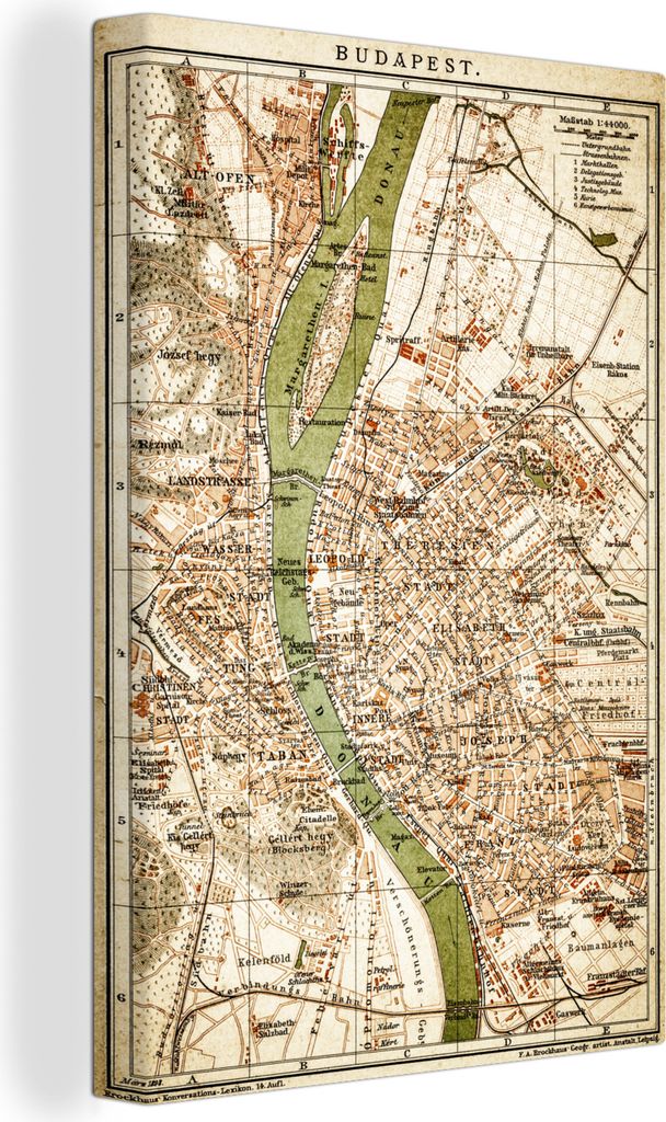 OneMillionCanvasses - Leinwandbilder - 90x140 cm, Eine Illustration eines Stadtplans von Budapest, Wandbilder Kunstdruck Wanddekoration - Wandsch...