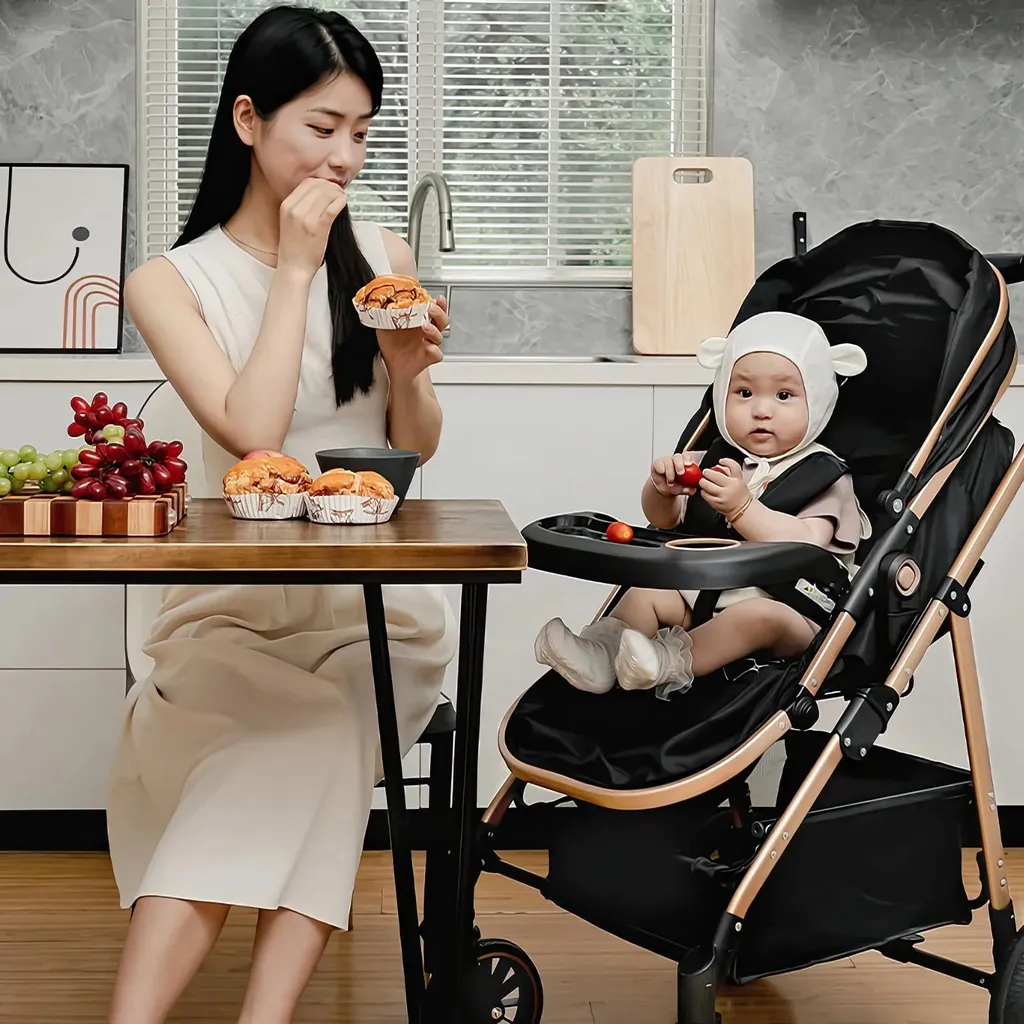 Chaise bébé réglable et pliable sur roulettes - Structure Métal Noir