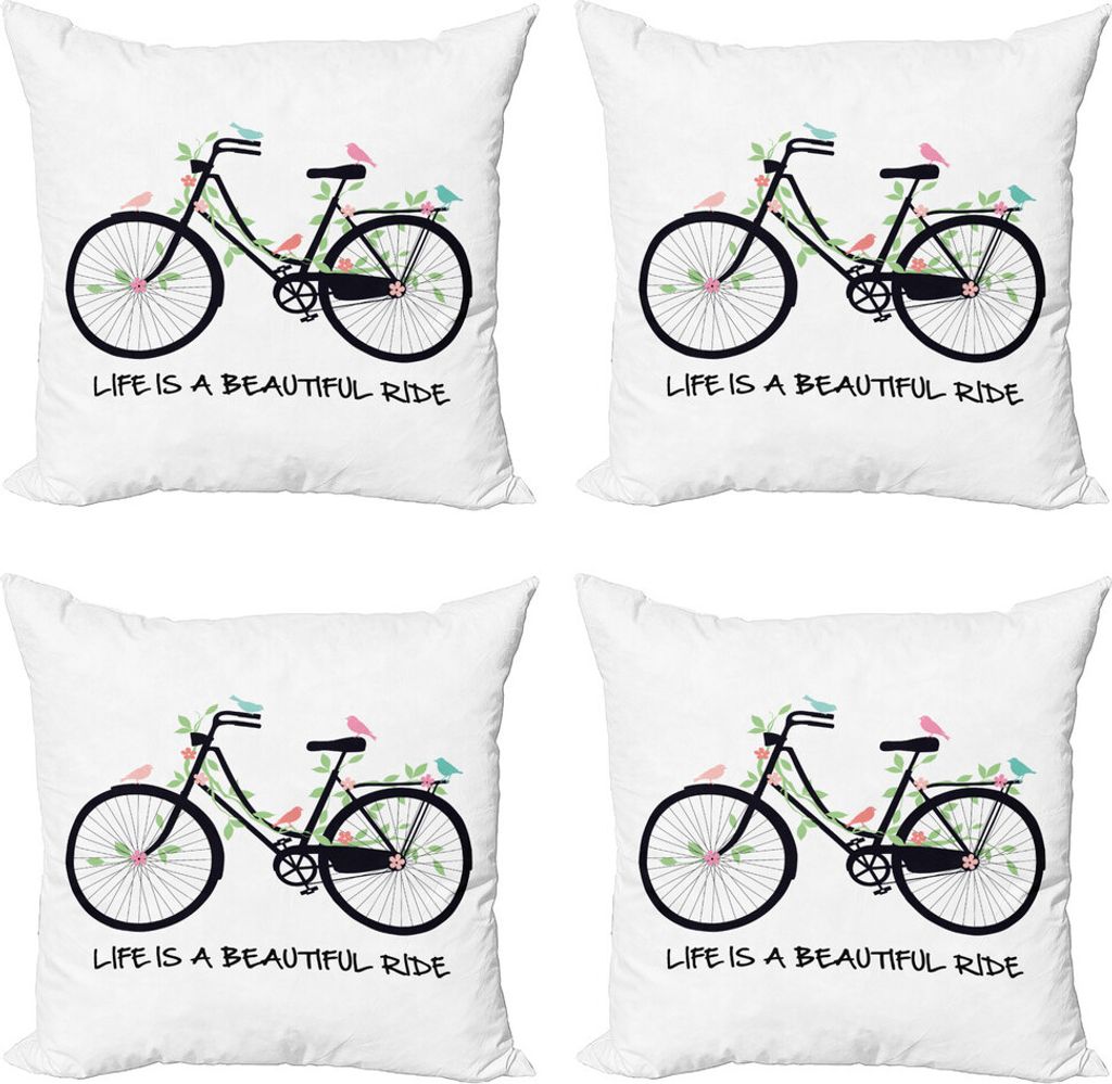 ABAKUHAUS Sprichwort Kissenbezug Set (4 Stück), Weinlese-Fahrrad Blumen Vögel, Moderner Doppelseitiger Digitaldruck, 45 cm x 45 cm, Mehrfarbig
