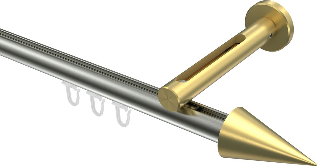 Interdeco Innenlaufstange / Gardinenstange mit Innenlauf Edelstahl-Optik / Messing-Optik, Typ Siteno Savio (Kegel), 20 mm Ø 1-läufig, 160 cm