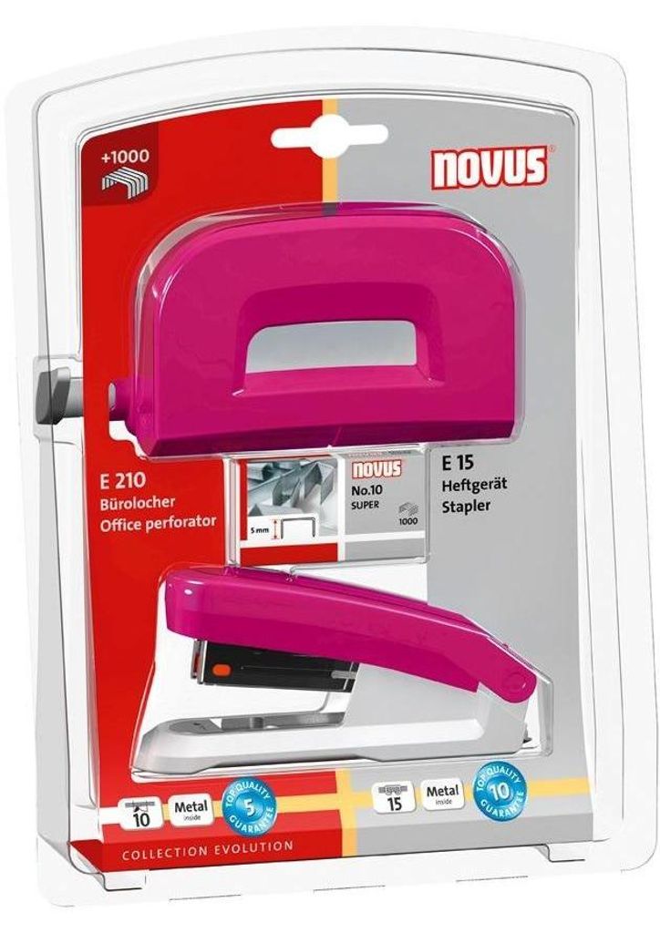 Novus Twinset Heftgerät E15/ Locher E 210 fresh pink/grau, Produktbild 