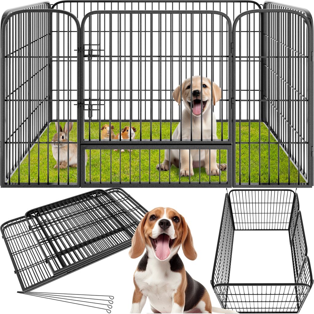 A collage of images showing a black metal pet playpen with animals inside, and disassembled parts of the playpen along with a beagle dog.