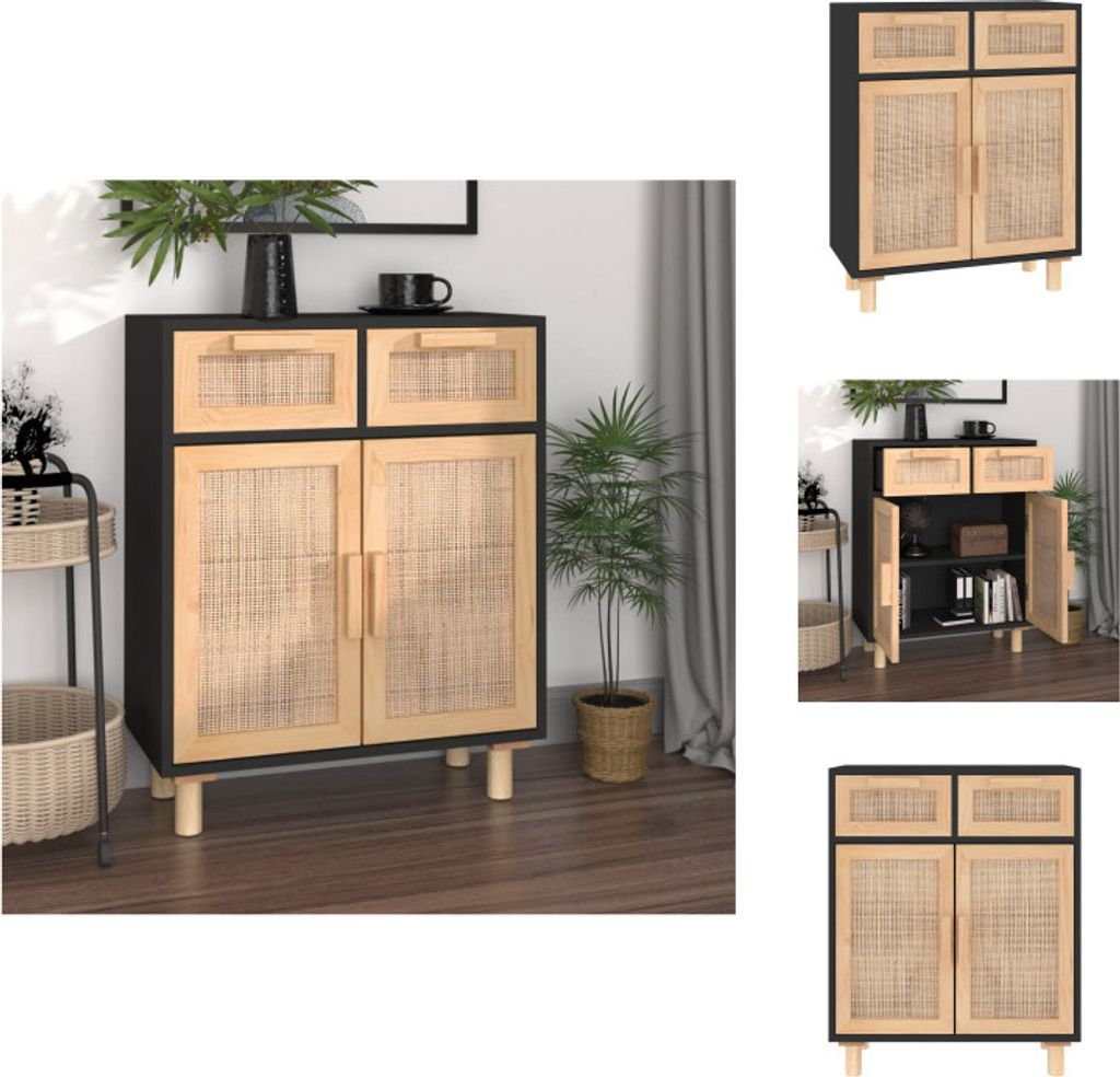 vidaXL Sideboard Schwarz 60x30x75cm Massivholz Kiefer und Natur-Rattan - Sideboards
