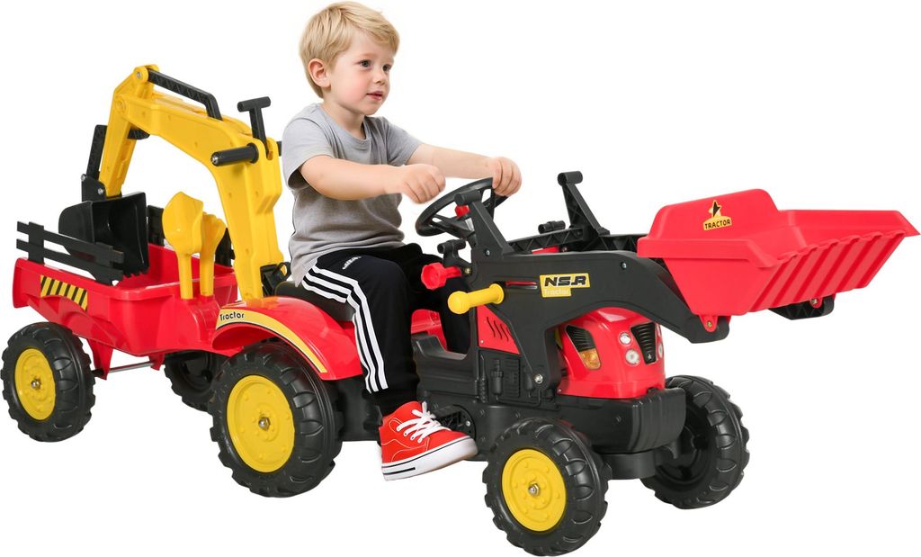 Trettraktor mit Anhänger, Frontlader, verstellbarer Schaufel, Traktor Tretfahrzeug für Kinder ab 3 Jahren Rot