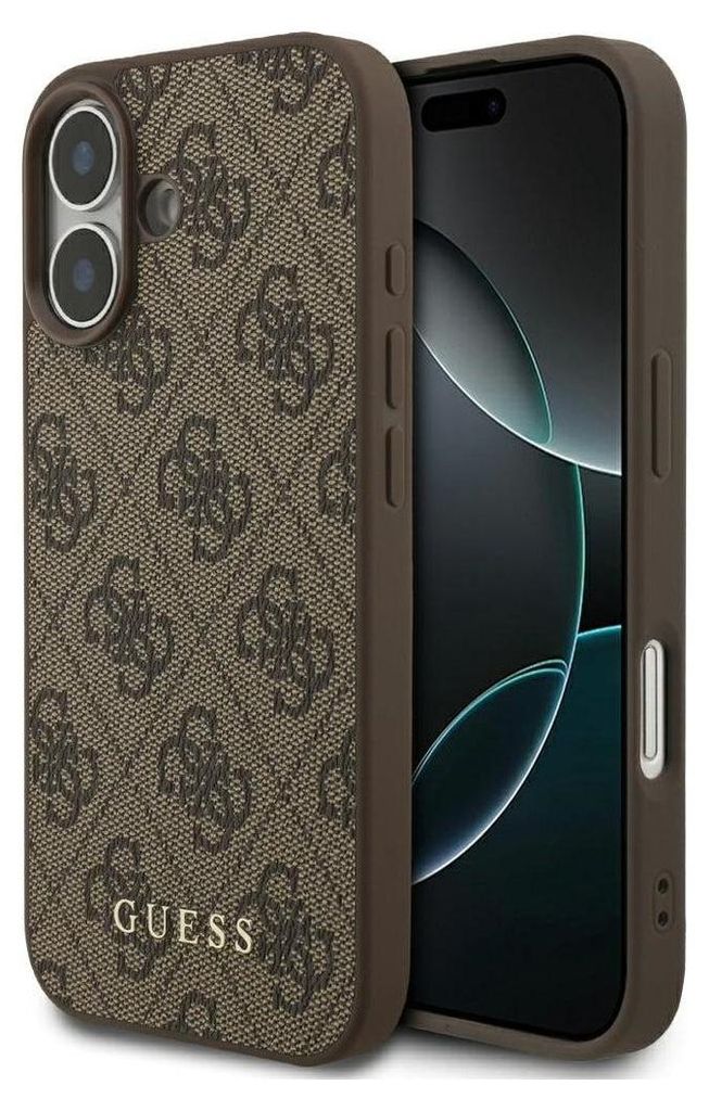 A brown phone case with a repeating GUESS logo pattern is shown next to a smartphone.