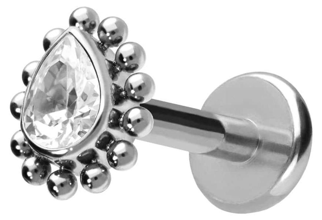 Ohrpiercing, Nasenpiercing Titan Labret mit Push Fit KRISTALLTROPFEN + KUGELN Silber Stablänge: 9mm | Stabstärke: 1,2mm
