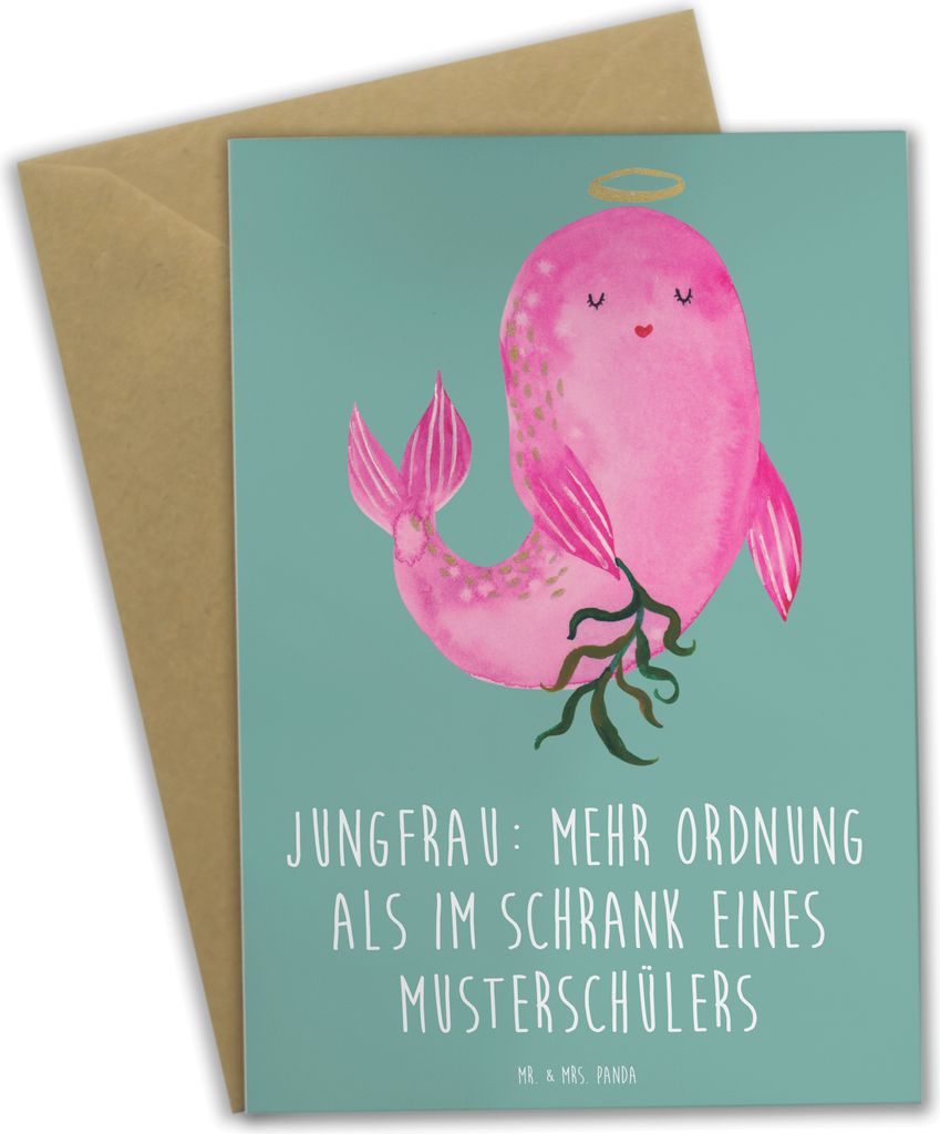 Mr. & Mrs. Panda Glückwunschkarte Jungfrau Ordnung - Meeresbrise - Geschenk, Tierkreiszeichen, Perfektionismus, analytisch, Sternzeichen, einladun...