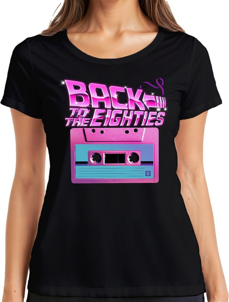 Back to the Eighties 80er Retro Kassette Neon Vintage Synthwave Damen T-Shirt, Schwarz, XXL