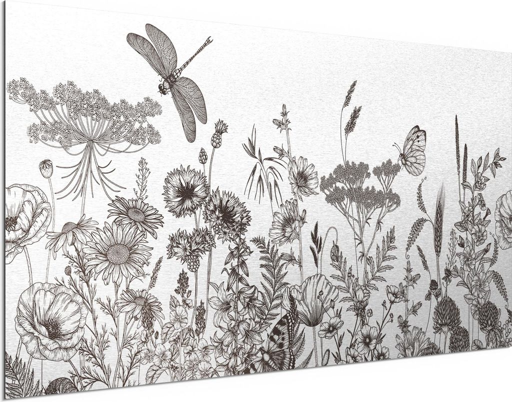 DEQORI Alu-Dibond Bild Silber 100x50 cm 'Naturstudie in Tinte' Wandbild Metall dünn