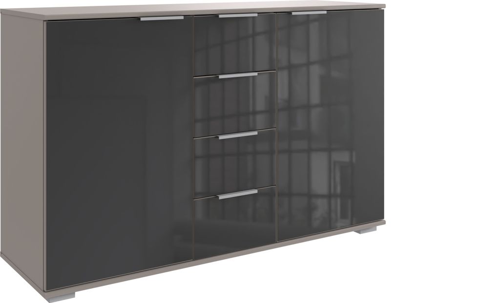 Sideboard >Easy Plus< 2 Türen, 4 Schübe, SAHARAGRAU + GLAS GREY - 130x83x41cm (BxHxT)