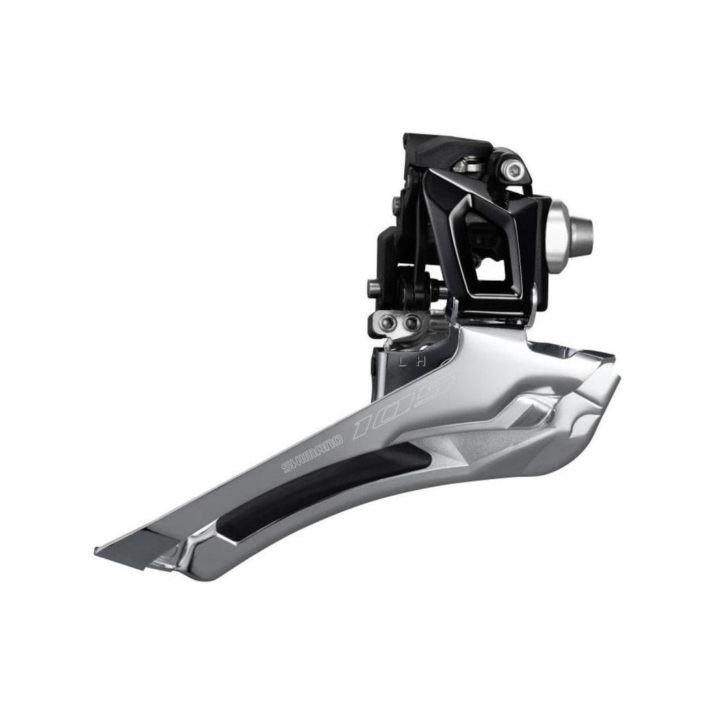 A close-up studio shot of a bicycle front derailleur against a white background.