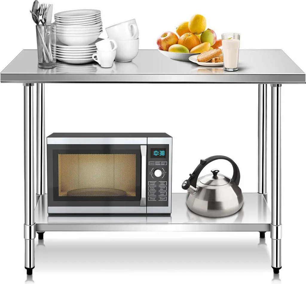 Table en Inox avec Étagère Intermédiaire Ajustable et Pieds Stables