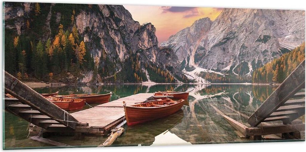 Bilder auf glas - Einteilig - Boote Berge See - 120x50cm - Glasbilder - Wandbilder - Bilder - zum Aufhängen bereit - Wanddekoration aus Glas - Gla...